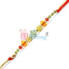 Knot of Glass, Golden and Silver Beads Rakhi with Diamond Deck