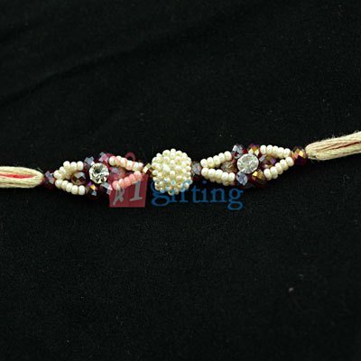 Pearl Beads String Special with Sparkling Diamonds Bead Rakhi
