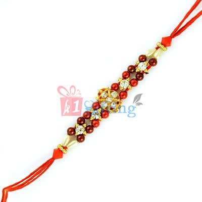Traditional Look Double String Sparkling Diamond and Beads Rakhi