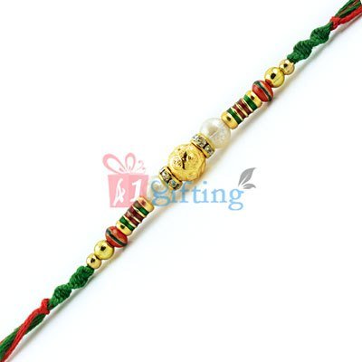 Lineal Golden Diamond Ball with Pearl and Beads Rakhi