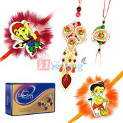 Cadbury Celebrations Rich Dry Fruit Tin With 1 Bhaiya Bhabhi Rakhi and 2 Kids Rakhi Set
