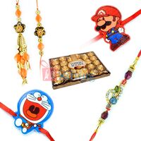 Family Pack - 1 Fancy Rakhi With 24 Pcs Ferrero Rocher and 2 Kids Rakhi n 1 Bhaiya Bhabhi Rakhi 