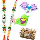 Glossy Silver Diamond 2 Rakhis with 2 Kids Rakhi and 16 Pcs Ferrero Rocher Chocolate