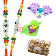 Glossy Silver Diamond 2 Rakhis with 2 Kids Rakhi and 16 Pcs Ferrero Rocher Chocolate