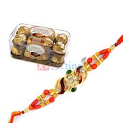 Golden Meena Diamond Rakhi with 16 Pcs Ferrero Rocher Chocolates