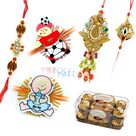 Zardosi Kundan Pair-Rudraksh-2 Kids Rakhi with 16 Pcs Ferrero Rocher 