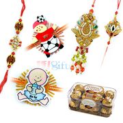 Zardosi Kundan Pair-Rudraksh-2 Kids Rakhi with 16 Pcs Ferrero Rocher 