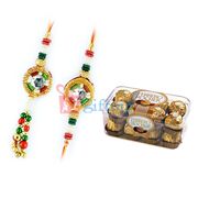 Beautiful Diamond Rakhi Pair with 16 Pcs Ferrero Rocher Chocolates