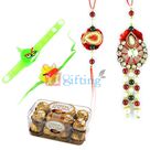 Glossy Diamond Zardosi Pair Rakhi with Twin Kids and 16 Pcs Ferrero Rocher 