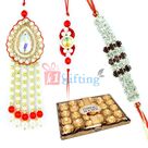 Pearl Kundan Bhaiya Bhabhi Rakhi with Diamond Silver Rakhi n Ferrero Rocher 24 Pcs