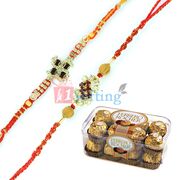 Eye-catching 2 Golden Diamond Sandalwood Rakhis with Ferrero Rocher 16 Pcs