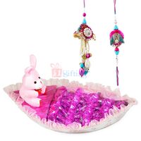 Teddy Chocolate Boat with Zari Pair Rakhi