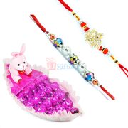 Om Beads 2 Rakhi Set with Teddy Chocolate Boat