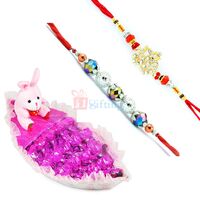 Om Beads 2 Rakhi Set with Teddy Chocolate Boat