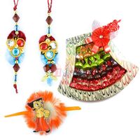 Tri Stone Pair with Kids Rakhi and Chocolate Bouquet