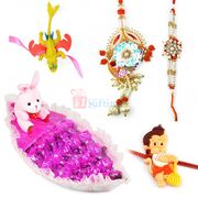 Beautiful Pair with Two Kids Rakhis and Chocolate Boat