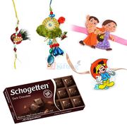 Floral Pair with 2 Kids Rakhi Set with Dark Chocolate