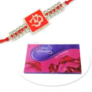 Designer OM Silver Stone Rakhi and Big Celebration Cadbury Box