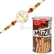 Golden AD work Ganesha Rudraksh Rakhi and Muzic Wafer Hamper