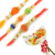 Three Special Beads Rakhis and Handmade Chocolate Bouquet