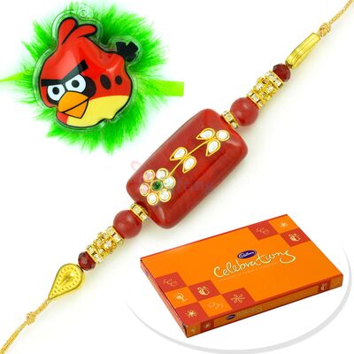 Lacquer Rakhi with Angrybird Kids Rakhi and Small Cadbury Celebration