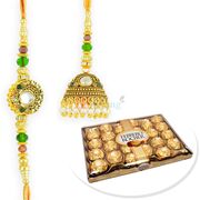 T24 Ferrero Chocolate Pack with Antique Kundan Pair Rakhi Set