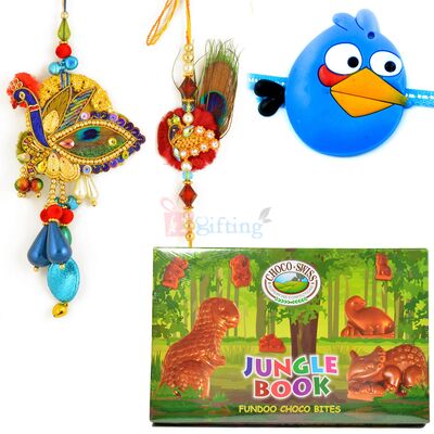 Jungle Book Choco Swiss with Peacock Pair and Kids Rakhi