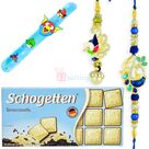 Schogetten Chocolate and Peacock Pair and Angrybirds Kids Rakhi Belt