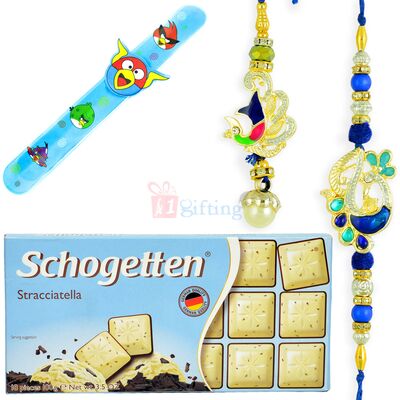 Schogetten Chocolate and Peacock Pair and Angrybirds Kids Rakhi Belt