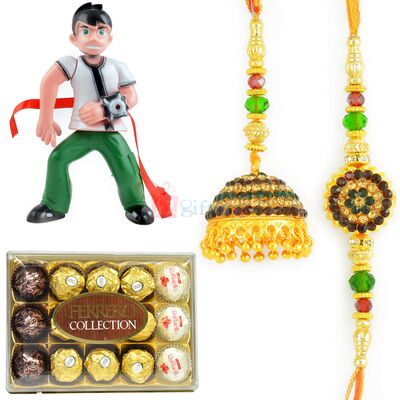 T15 Ferrero Chocolate with Jewel Pair and Kids Rakhi Hamper