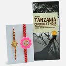 Experience Amul Tanzania Dark Chocolate with Golden Floral Rudraksha Rakhi and Sunflower Smilie Rakhi Set of 2