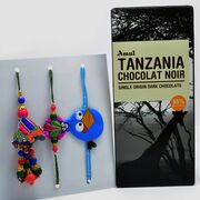 Traditional Zardozi Rakhi with Angry Birds Rakhi Set of 2 with Tempting Amul Tanzania Chocolat Noir Dark Chocolate