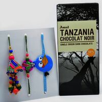 Traditional Zardozi Rakhi with Angry Birds Rakhi Set of 2 with Tempting Amul Tanzania Chocolat Noir Dark Chocolate