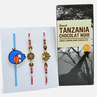 Exquisite Kundan Meena Worked Rakhi with Angry Birds Rakhi Set of 3 with Amul Dark Chocolate