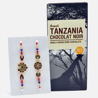 Attractive Kundan Meena Maurya and Floral Work Rakhi Set of 2 with Premium Amul Tanzania Chocolat Noir Dark Chocolate