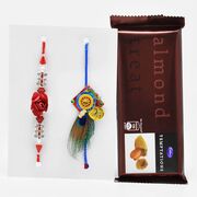 Colourful Maurya Pankh and Floral Rakhi Set of 2 with Amazing Cadbury Almond Temptation