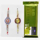 Beautiful Diamond Studded Rakhi Set of 2 with Premium Cadbury Rum Raisin Temptation