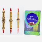 Lustrous Golden Rakhi Set of 3 with Tempting Cadbury Celebration