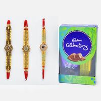 Lustrous Golden Rakhi Set of 3 with Tempting Cadbury Celebration