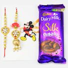 Heart Designed Bhai and Bhabhi Rakhi with Kid Rakhi and Bubbly Chocolate By Cadbury