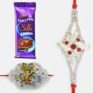 Meenakari Work Jewel Brother Rakhi with Kid Rakhi and Dairy Milk Silk Oreo Chocolate