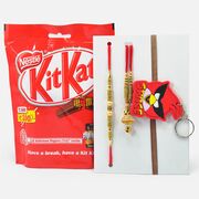 Golden Color Bhaiya Bhabhi Rakhi with Angry Bird Kid Rakhi and Kitkat Chocolate Pack