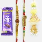 Auspicious Rudraksha and Radhe Krishna Rakhis with Chocolates of Small Dairy Milk 