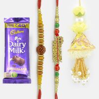 Auspicious Rudraksha and Radhe Krishna Rakhis with Chocolates of Small Dairy Milk 