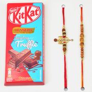 Rudraksha and Sandalwood Beads Set of Two Rakhis with Kitkat Dessert Tempting Truffle Chocolate