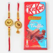Diamond Studded Golden Couple Rakhis with Kitkat Dessert Delight Chocolate