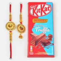 Diamond Studded Golden Couple Rakhis with Kitkat Dessert Delight Chocolate