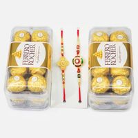 Amazing Set of 2 Rakhis and 2 Ferrero Rocher 16 Pc Chocolate Box 