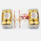 Two Fancy Design Bro Rakhis with Kid Rakhi and Pack of 16 Pc Ferrero Rocher 2 Box of Chocolates