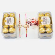 Two Fancy Design Bro Rakhis with Kid Rakhi and Pack of 16 Pc Ferrero Rocher 2 Box of Chocolates